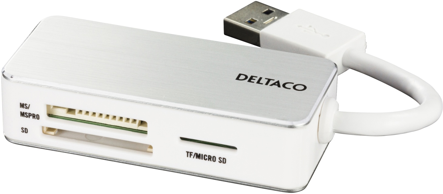 DELTACO USB 3.0 minneskortläsare, 3 fack, vit/silver