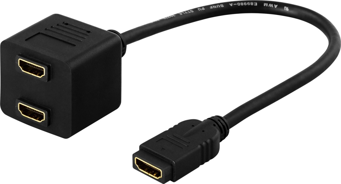 DELTACO HDMI-adapter, 1xHDMI ho till 2xHDMI ho, 19-pin