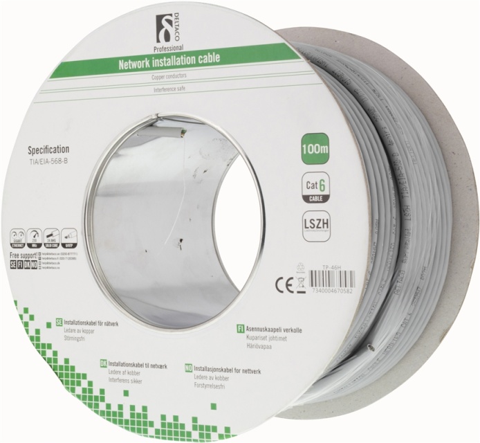 DELTACO LSZH UTP installationskabel, (LSZH), Cat6, 100m, grå