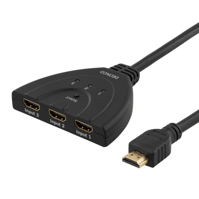DELTACO HDMI Pigtail Switch, auto/manu HDMI-switch, tre  till en, sv