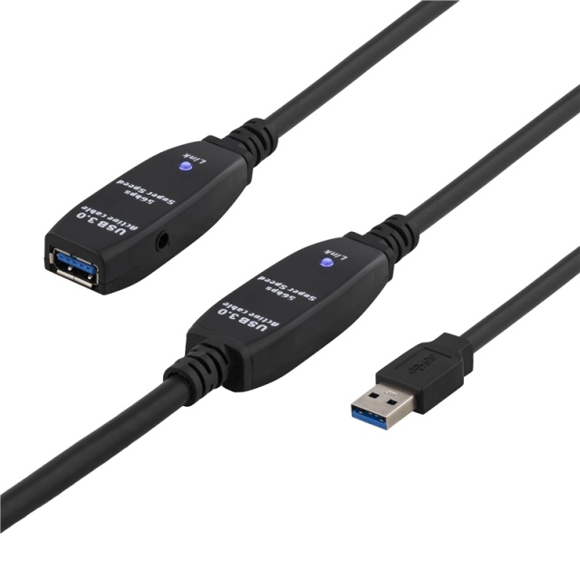 DELTACO aktiv USB 3.0-förlängningskabel, Typ A ha - ho, adp., 15m, b