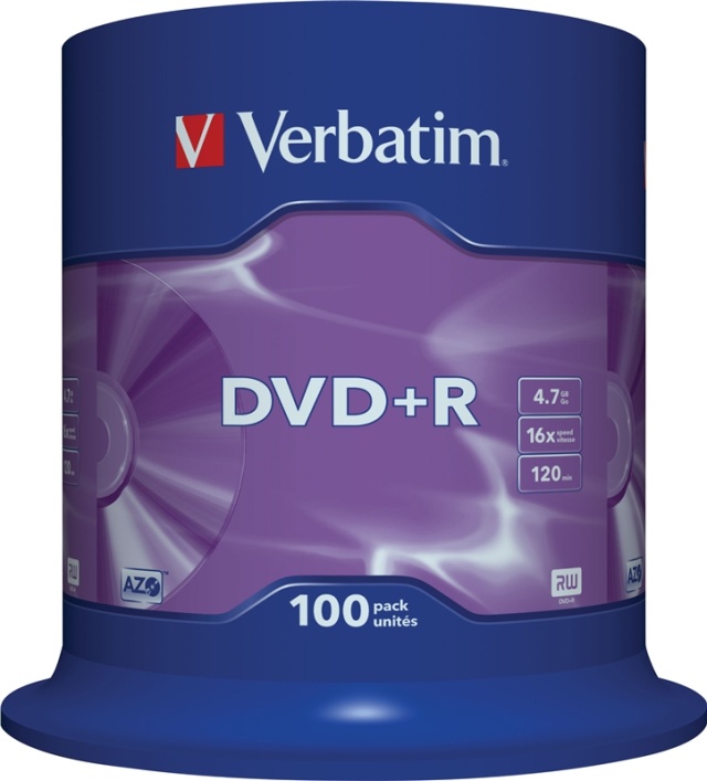 Verbatim DVD+R, 16x, 4,7 GB/120 min, 100-pack spindel, AZO