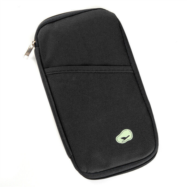 Travel wallet for passport and travel documents, black.