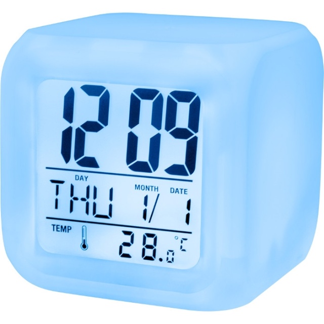 Setty digital alarm clock with date & temperature, changes color