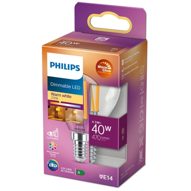 Philips LED E14 Klot 40W 470 lm Klar Dimbar
