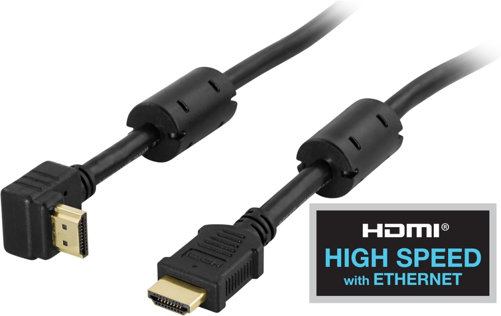 DELTACO angled HDMI cable, High Speed HDMI with Ethernet, black, 2m,