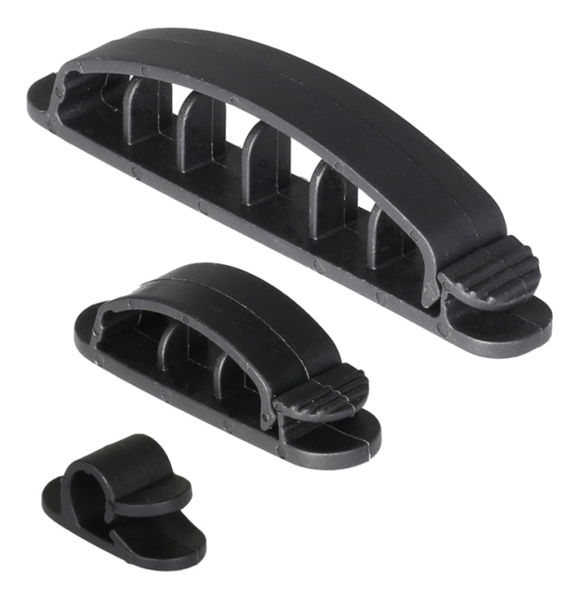 DELTACO adhesive cable clamps in plastic, 1/3/6 slots, 10-pack, black