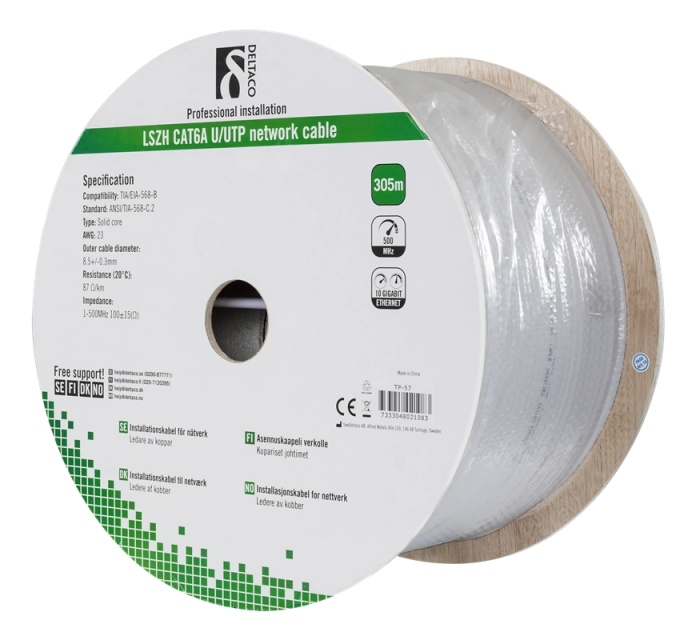 DELTACO U/UTP Cat6a installation cable, 305m, 500MHz, LSZH, gray