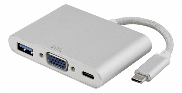 DELTACO PRIME USB-C to VGA and USB A, USB-C port for charging, silver