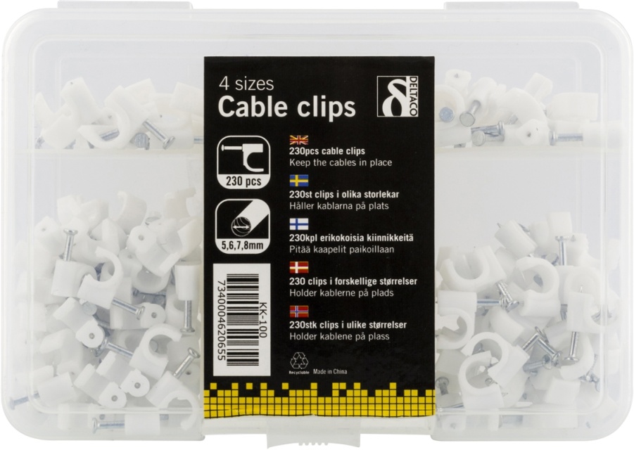 DELTACO Cable clamps in plastic with steel nails, 4 sizes, 230-pack