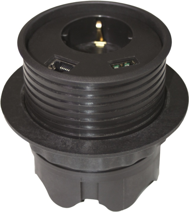 Powerdot Satellit PD12 - satellit, 1x CEE 7/4, RJ45, USB, svart