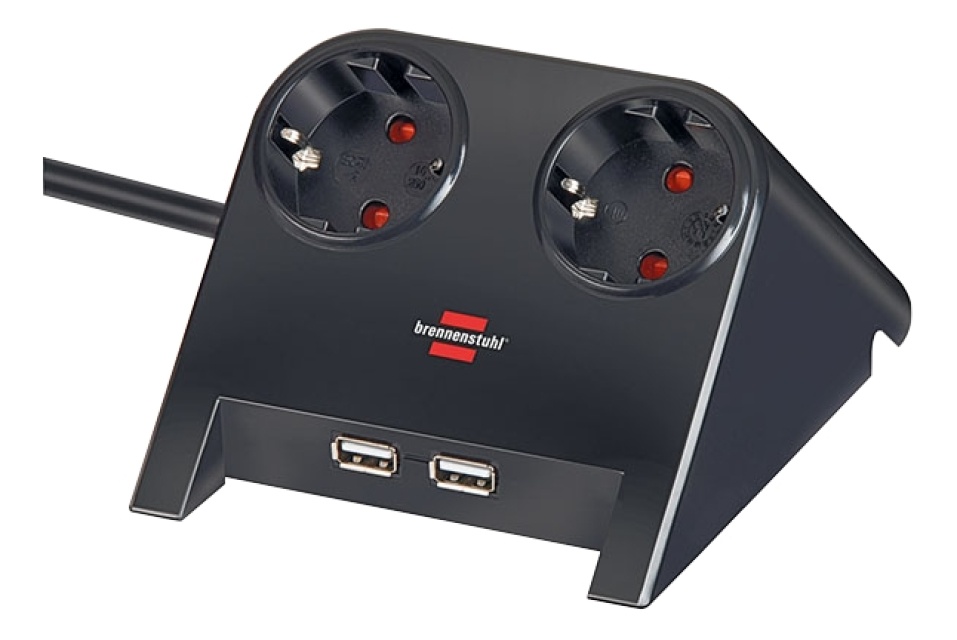 Brennenstuhl Desktop power 2-way socket strip for the table with rubber feet and 2-way USB 1.80 m Polished black