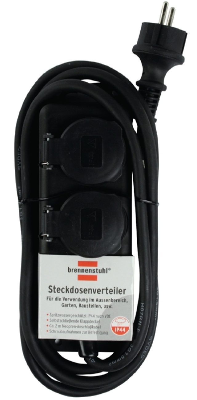 brennenstuhl Socket distributor IP44 2-fold (socket strip for use on construction sites and permanent use outdoors, 2m cable) black