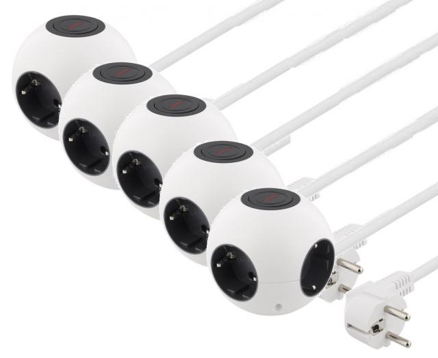 5 pcs DELTACO Power globe with switch, 4xCEE 7/4, 1xCEE 7/7, 1.4m cable, whi