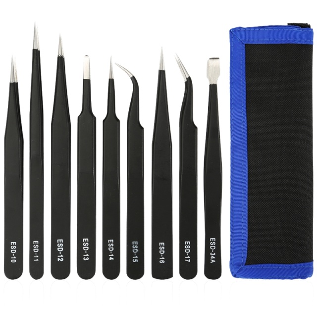 Tweezer kit, 9 pieces, ESD, black