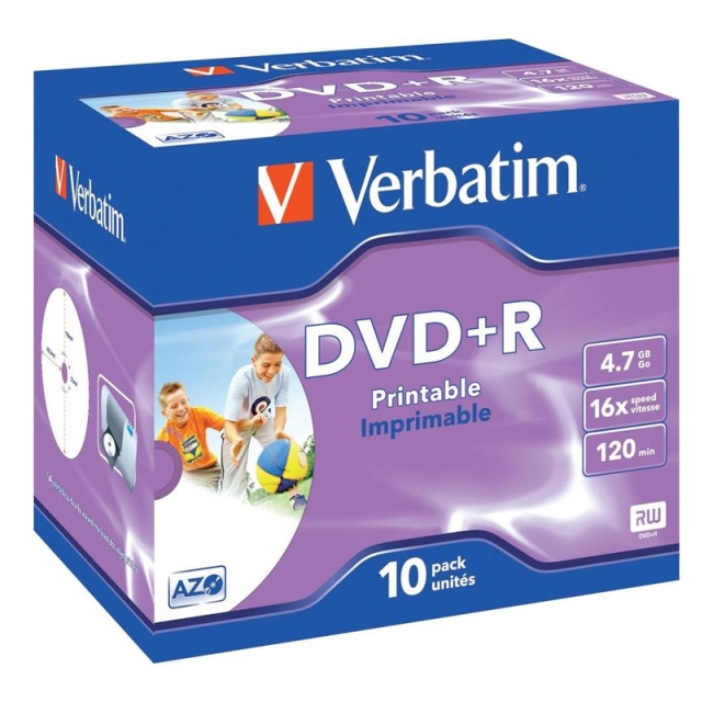 Verbatim DVD+R, 16x, 4,7 GB/120 min,10-pack jewel case, AZO, printable