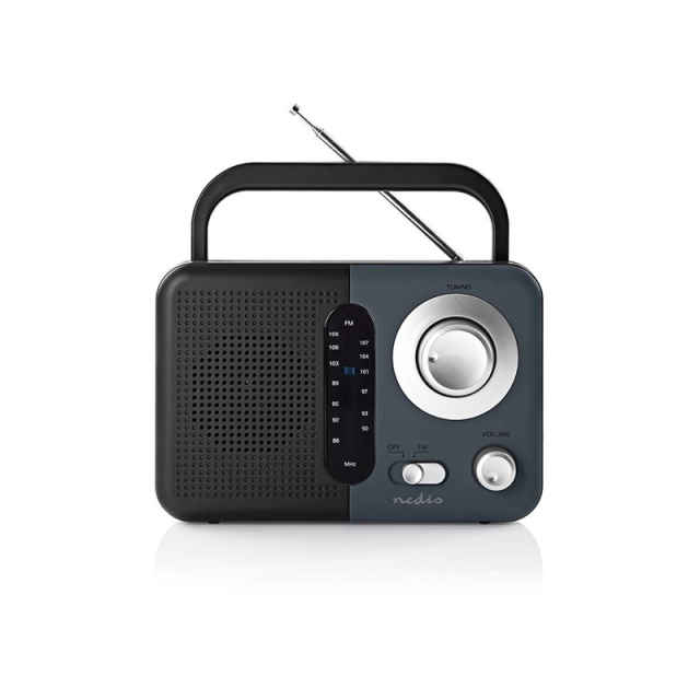 Nedis FM Radio | Portable Design | FM | Battery Powered / Mains Powered | Analogue | 2.4 W | Black White Screen | Headphone output | IP20 | Handle | Black / Grey