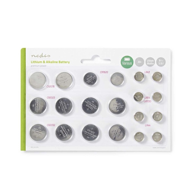 Nedis Lithium / Alkaline Button Cell Battery Multi Pack | 1.5 / 3 V DC | Alkaline / Lithium | CR1620 / CR2016 / CR2025 / CR2032 / LR43 / LR44 / LR54 | Number of batteries: 20 pcs | Blister Card | Various Devices