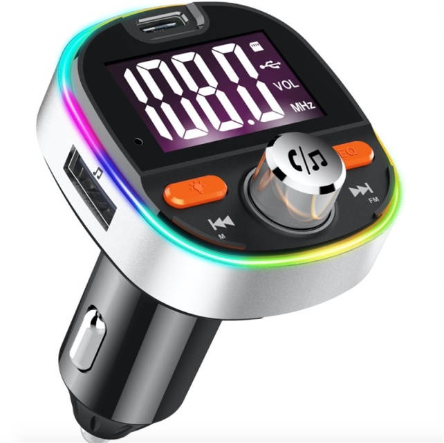 FM transmitter with Bluetooth hands-free, USB and atmospheric lighting