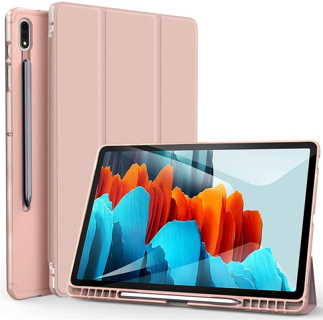 "Tri-fold case with stand function for Galaxy Tab S7 11"", Dark Pink."