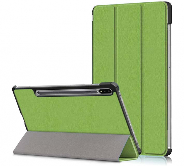 "Tri-fold case with stand function for Galaxy Tab S7 11"", Green."