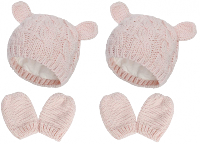 2 x Cute knitted set with hat and mittens for baby, Medium, Pink