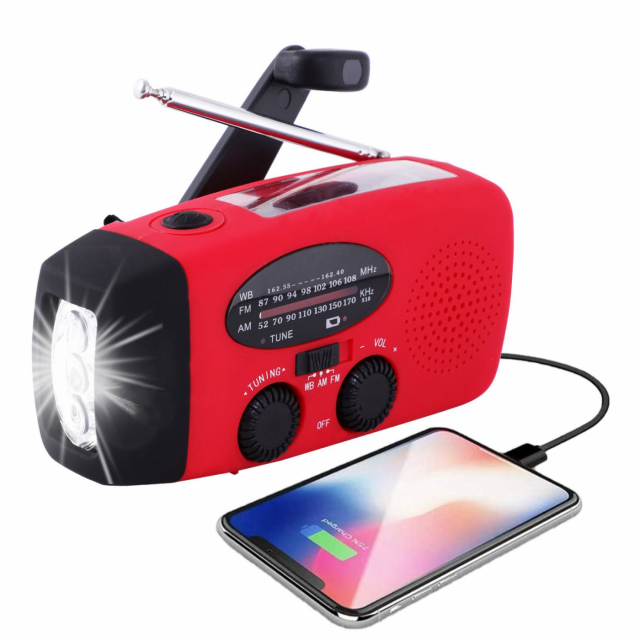 Crank radio with LED light - FM radio, Solar, USB, Red
