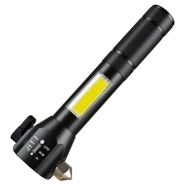 Flashlight with emergency hammer