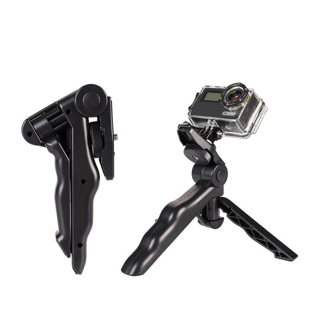 Camera grip with built-in tripod stand for action cameras