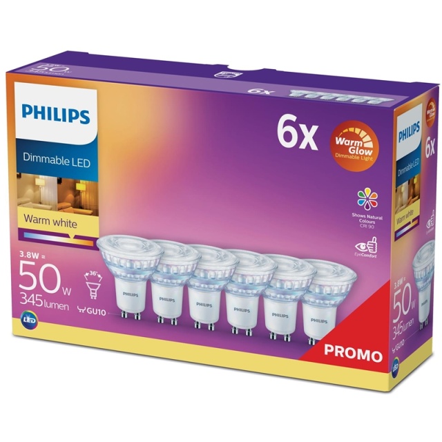 Philips 6-pack LED GU10 50W Dimmable WarmGlow