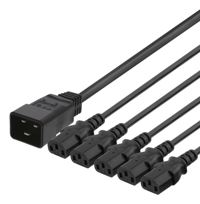 DELTACO IEC C20 to 5x IEC C13 Power cable, 3m, 16A/250V, Y-Splitter, b