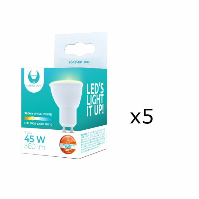 LED lamp GU10 7W 230V 3000K 38°, 5-pack, Warm white