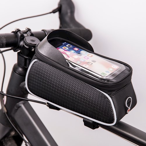 Waterproof bike frame bag & phone holder with screen, Black/White