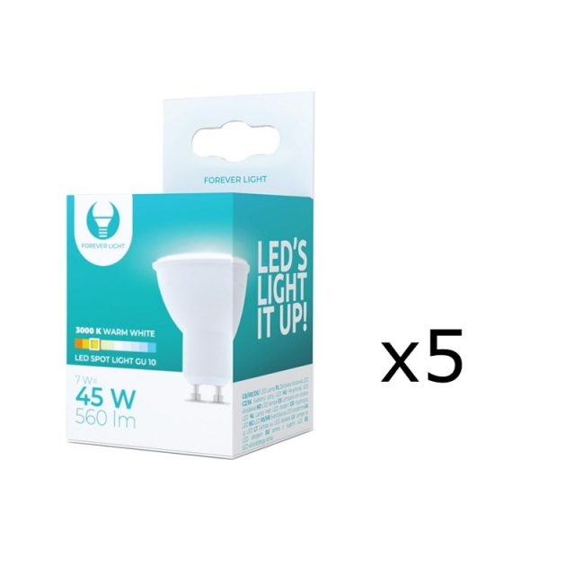 LED Lamp GU10, 7W, 230V, 3000K, 5-pack, Warm white