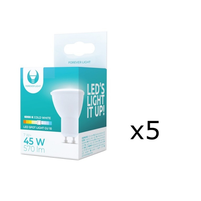 LED Lamp GU10, 7W, 230V, 6000K, 5-pack, Cool white