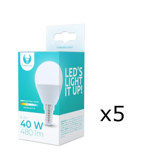 LED Bulb E14, G45, 6W, 4500K 5-pack, White neutral