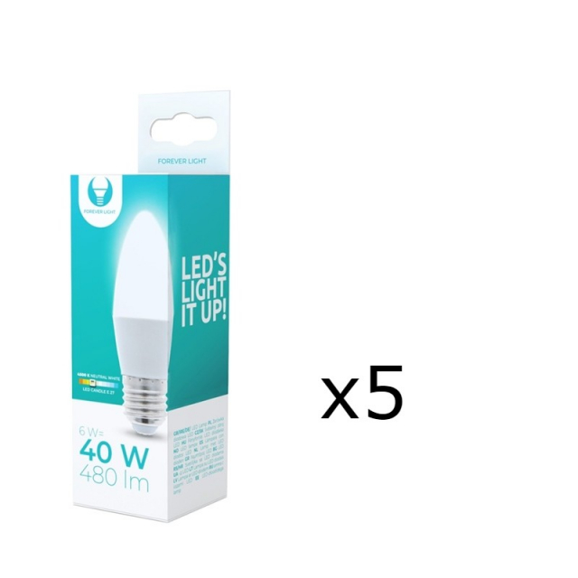 LED Lamp E27, C37, 6W, 4500K 5-pack, White neutral