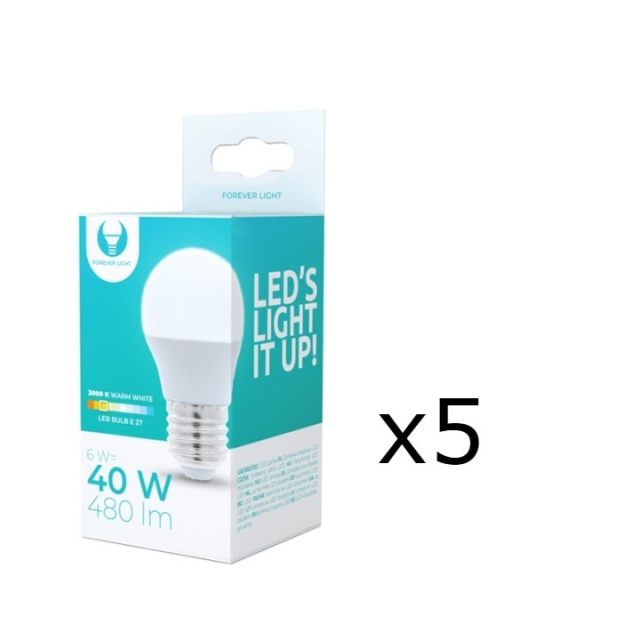 LED Lamp E27, G45, 6W, 3000K 5-pack, Warm White
