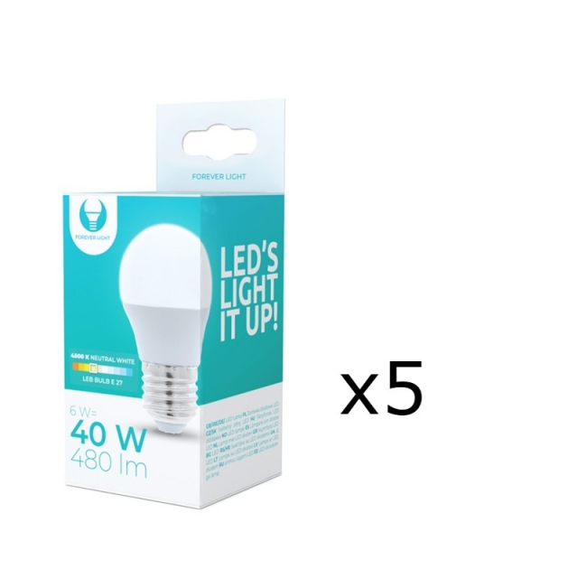 LED Lamp E27, G45, 6W, 4500K 5-pack, White neutral