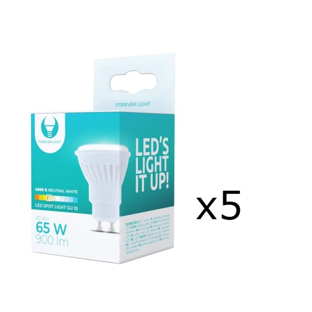 LED Lamp, GU10, 10W, 230V, 4500K, Ceramic, 5-pack, White neutral