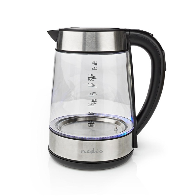 Nedis Electric Kettle | 1.7 l | Glass | Transparent | 60,70,80,90,100 °C | Temperature indicator | Rotatable 360 degrees | Concealed heating element | Strix® controller | Boil-dry protection