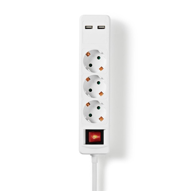 Nedis Extension Socket | Type F (CEE 7/7) | 3-Way | 1.50 m | 3680 W | 16 A | Kind of grounding: Side Contacts | 230 V AC 50/60 Hz | Socket angle: 45 ° | H05VV-F 3G1.5mm² | On/Off switch | White