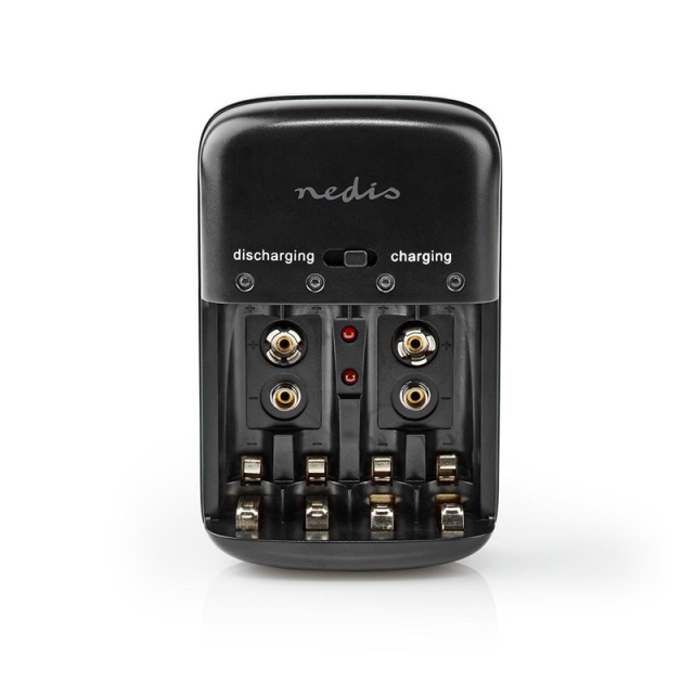 Nedis NiMH Battery Charger AA / AAA | 1.2 / 9 V DC | 0.5 A | Trickle charging | Type C (CEE 7/16) | Battery type: AA / AAA / E-Block | Black