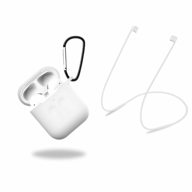Silicone protective case with headphone strap and pendant for Apple Airpods, White/Transparent