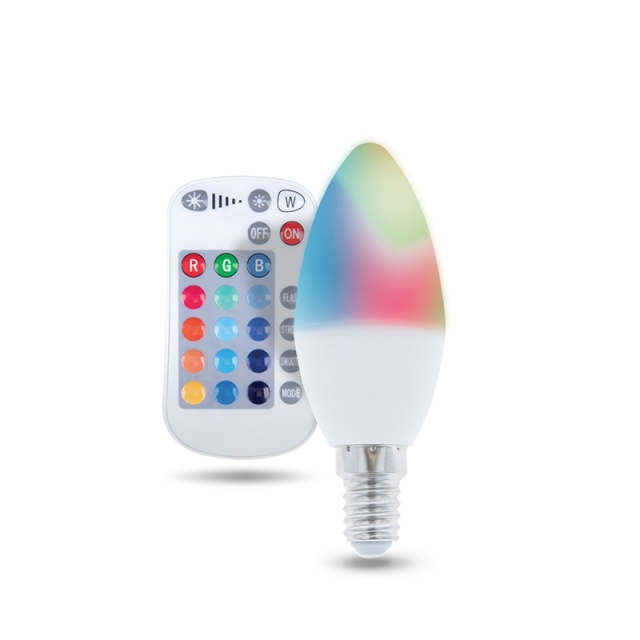 Remote controlled LED lamp with RGB, E14, C37, 5W