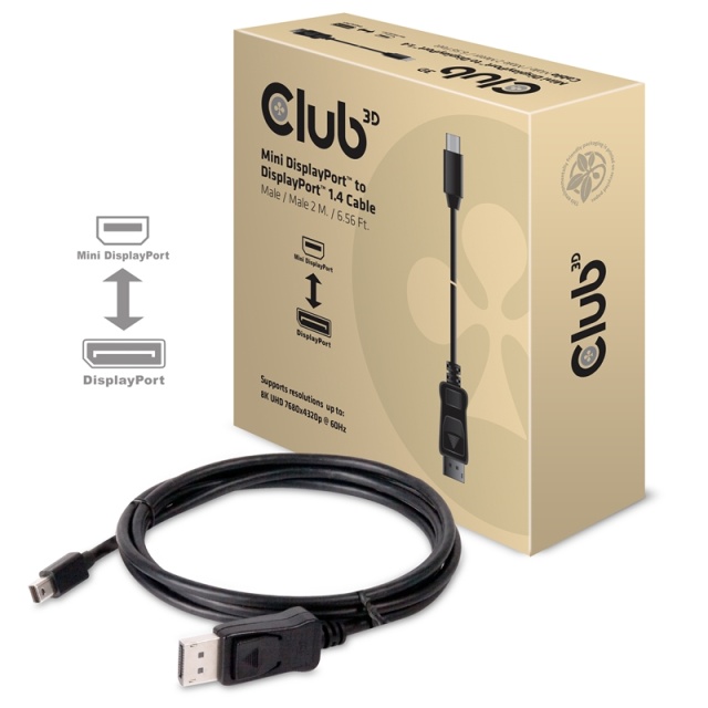 CLUB3D Mini DisplayPort to DisplayPort 1.4 HBR3 8K60Hz Cable, 2 Meter / 6.56 Fee