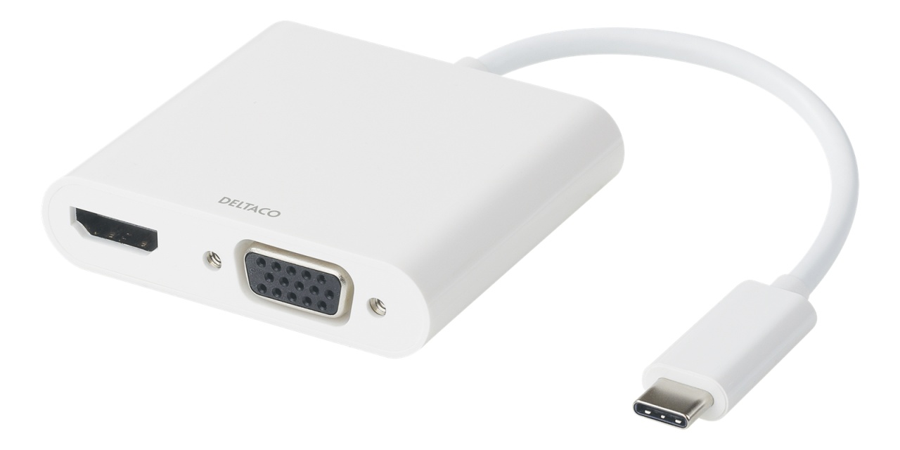 DELTACO USB-C docking station, HDMI/VGA/USB-C, 100W USB-C PD 3.0,white