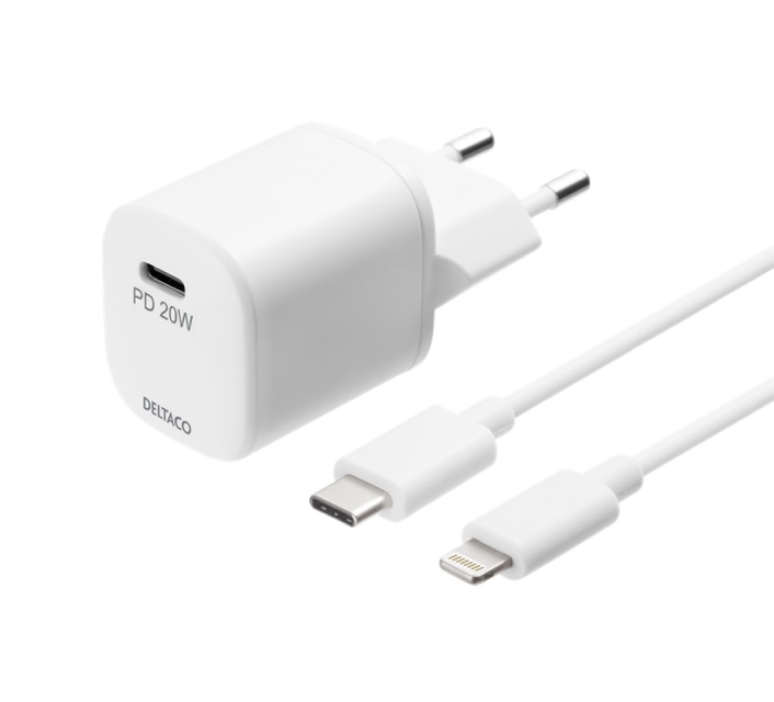 DELTACO USB wall charger, USB-C, PD 20 W, including 1 m C to Lightning