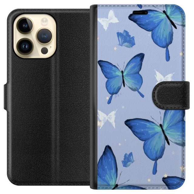 Wallet case for Apple iPhone 14 Pro Max with Blue butterflies design