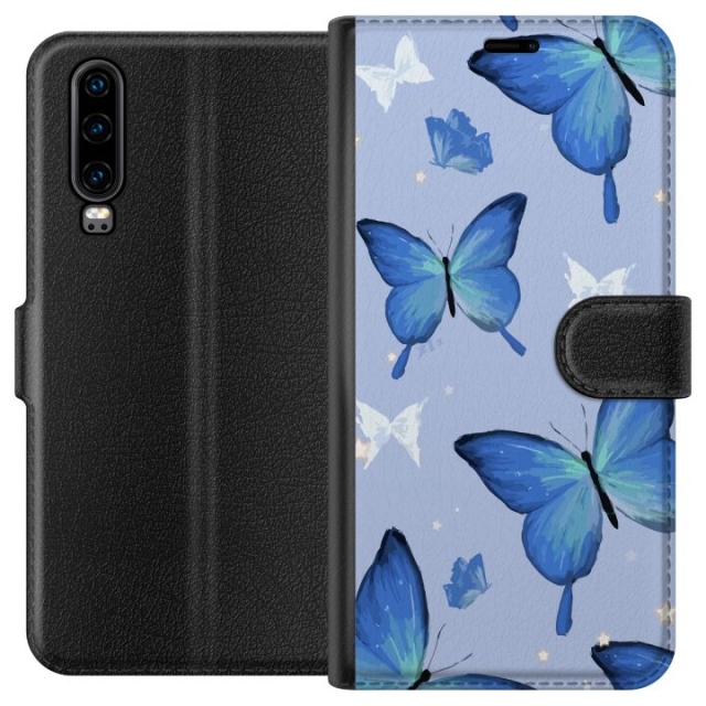 Wallet case for Huawei P30 with Blue butterflies design